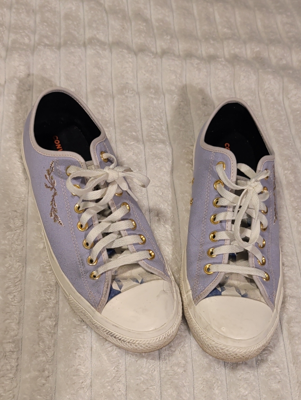 Custom Converse Lavender Low-Top Sneakers with Gold Eyelets And Embroidered Heel